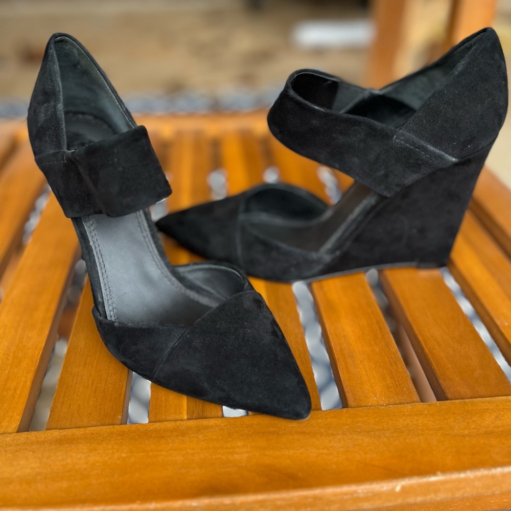Tory Burch Saray Black Suede Wedge Shoes Women Heels